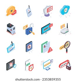 Pack of Security and Cyber Attacks Isometric Icons 

