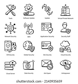 Pack of Security and Maintenance Doodle Icons 

