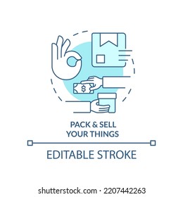 Pack and sell your things turquoise concept icon. Manage belongings abstract idea thin line illustration. Isolated outline drawing. Editable stroke. Arial, Myriad Pro-Bold fonts used