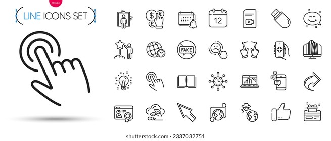 Pack of Seo certificate, Annual calendar and Usb stick line icons. Include Video file, Book, Notification pictogram icons. Health app, Loyalty card, Star signs. Elevator, Like, Communication. Vector