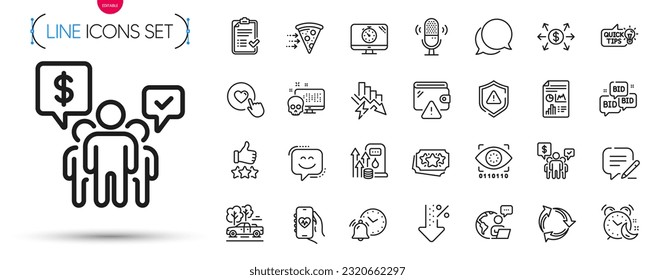 Pack of Seo timer, Alarm clock and Outsource work line icons. Include Education idea, Recycle, Attention pictogram icons. Food delivery, Report document, Approved checklist signs. Alarm. Vector