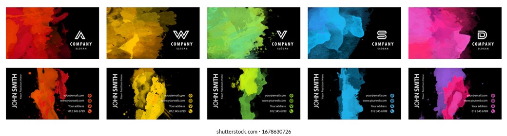 pack series of shiny colourful partnership card pattern with vector watercolor dye splatter on black scene colour cute water juvenile star spectrum texture colourful black abstract background scene bo