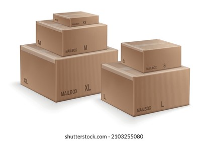 Pack service realistic design concept with cardboard boxes of different size 3d vector illustration
