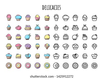 Pack a set of icons cupcakes and sweets. Color and outline
