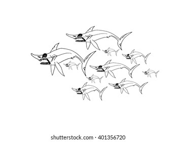 Pack of sharks on white background. Free hand drawn. Vector illustration. 