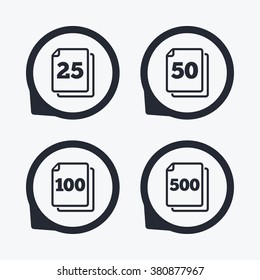 In pack sheets icons. Quantity per package symbols. 25, 50, 100 and 500 paper units in the pack signs. Flat icon pointers.