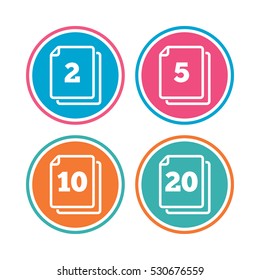 In pack sheets icons. Quantity per package symbols. 2, 5, 10 and 20 paper units in the pack signs. Colored circle buttons. Vector