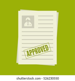 A pack of sheets of paper with a stamp of approval. Summary with  mark about acceptance. Cv approved. resume, personal file