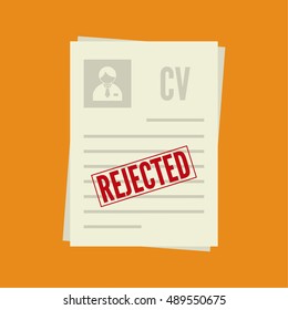 Pack of sheets of paper with stamp of rejected. Summary with  mark about refusal. Cv denial. resume, personal file