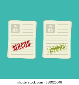 Pack sheets paper with stamp of rejected, approval. Summary with  mark about refusal, acceptance. 