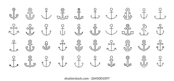 Pack of Ship Related Line Icons. Anchor Outline Signs for Graphic and Web Design, Apps, Adverts, Various Cards 