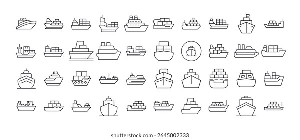 Pack of Ship Related Line Icons. Outline Signs for Graphic and Web Design, Apps, Adverts, Various Cards 