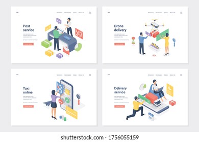 Pack shipping ways, delivery service applications isometric landing page templates set. Post service, drone delivery, taxi online. Parcel recipients, customers and mail workers cartoon characters