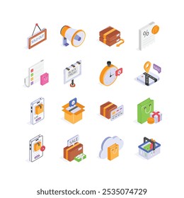Pack of shopping and ecommerce isometric icons in modern style