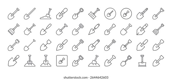 Pacote de ícones de linha relacionados com a pá. Outline Signs para Gráficos e Web Design, Apps, Anúncios, Vários Cartões 