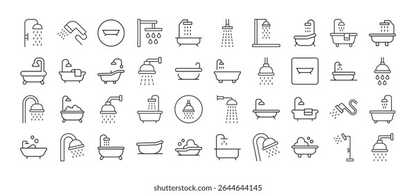 Pacote de Chuveiro e Banheira Ícones de Linha Relacionados. Outline Signs para Gráficos e Web Design, Apps, Anúncios, Vários Cartões 