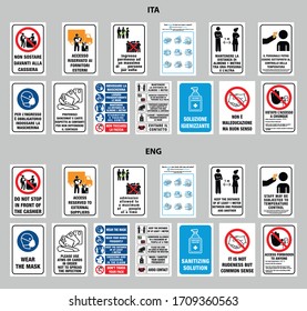 Pack-Zeichen-Sicherheit coronavirus covid19 englische und italienische Sprache