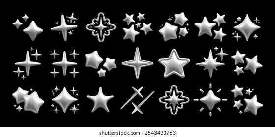 Pack of silver twinkle 3D stars. Cartoon realistic metallic star, with four, five and six rays, magical sparkling lighting, different combinations. Vector collection