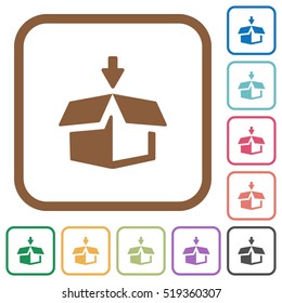 Pack simple icons in color rounded square frames on white background