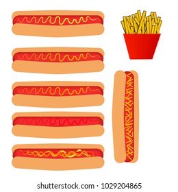 Pack with six different hot dogs and a packet of chips. Vector, illustration.