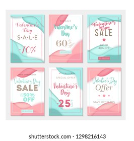 Pack of six sale banner templates to Valentine's Day. Paper cut style. Pink and blue color backgrounds. Business templates