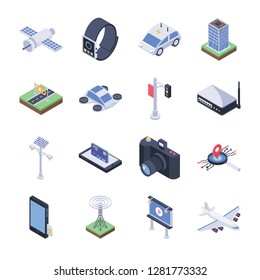 The pack of smart city icons encloses wide range of elements that belong to the very set of smart city. The colorful isometric icons of this set depict methodology of smart city in this technological