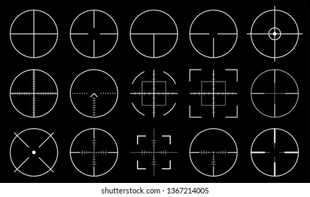 Pack of sniper rifle aims isolated. Crosshairs target choose destination icons. Aim shoot focus cursor. Bullseye mark targeting. Game aiming sight dot pointer set. Vector illustration