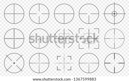 Pack of sniper rifle aims isolated. Crosshairs target choose destination icons. Aim shoot focus cursor. Bullseye mark targeting. Game aiming sight dot pointer set. Vector illustration