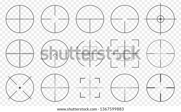 Pack of sniper\
rifle aims isolated. Crosshairs target choose destination icons.\
Aim shoot focus cursor. Bullseye mark targeting. Game aiming sight\
dot pointer set. Vector\
illustration