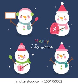 Pack of snowmans vector collection sale discount store sweet Christmas cartoon festival kawaii Animal Happy New year Character, winter holidays: Cheerful in different costumes holding gift, label.