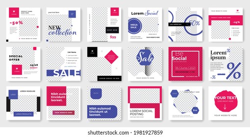 Pack of social media post layouts with blue and red accent, web square templates for business, economy bundle for social designers	