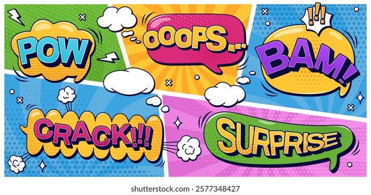 Pack with speech bubbles Pow Bam Surprise Crack Ooops text and halftone elements on color groovy shape pattern. Vector color cartoon illustrations in pop art style.