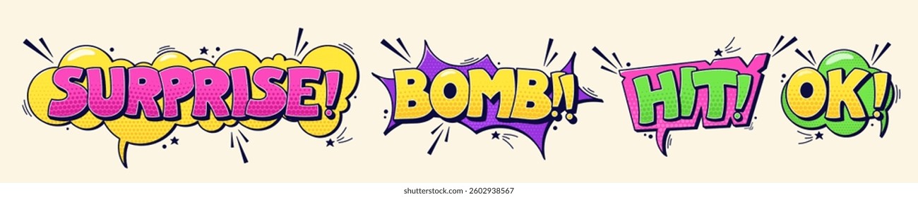 Pack with speech bubbles surprise bomb hit ok worlds. Color cartoon comic illustrations with halftone elements