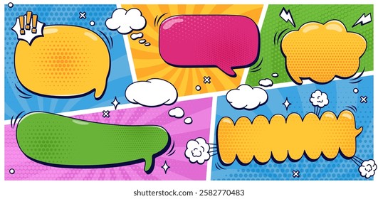 Pack with speech bubbles without text and halftone elements on color groovy shape pattern. Vector color cartoon comics illustrations.