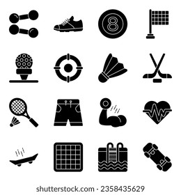 Pack of Sports Equipment glyph Icons
