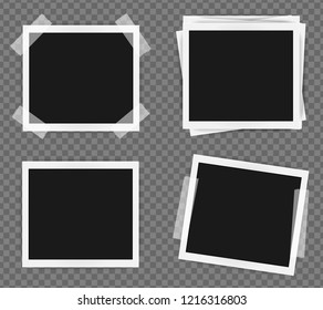 Pack of square frame template on sticky tape with shadows isolated on transparent background. Vector illustration