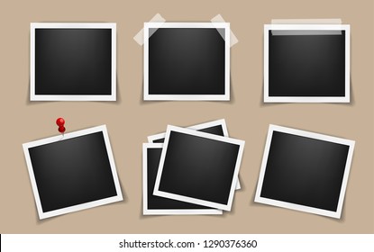 Pack of square realistic frame templates with shadows isolated on transparent background. Simple, on metal pin, on white sticky tape Vector illustration