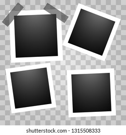Pack of square realistic frame templates with shadows isolated on transparent background. Simple, on metal pin, on white sticky tape Vector illustration 