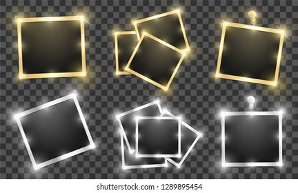 Pack of square realistic gold and silver shining photo frame templates with shadows isolated on transparent background. Vector illustration