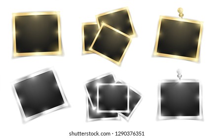 Pack of square realistic gold and silver shining frame templates with shadows isolated on white background. Vector illustration
