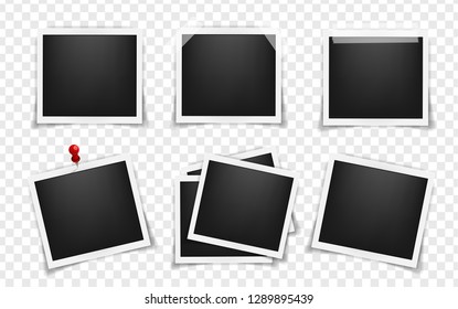 Pack of square realistic photo frame templates with shadows isolated on transparent background. Simple, on metal pin, on white sticky tape Vector illustration