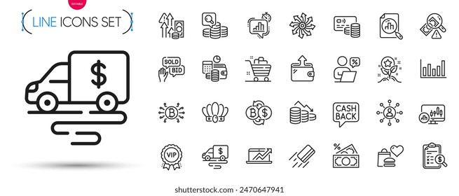 Temporizador de paquete de estadísticas, gráfico de columnas e iconos de línea de diagrama de ventas. Incluye iconos de pictograma del sistema Bitcoin, informe de contabilidad, versátil. Cesta de la compra, fraude, carteles de la cartera. Tarjeta. Vector