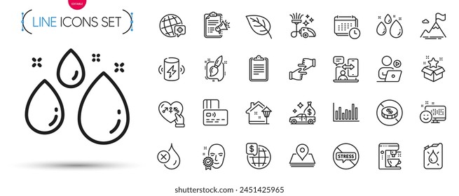 Pack of Stop stress, World medicine and Clipboard line icons. Include Card, Painting brush, Charge battery pictogram icons. Calendar, Bar diagram, Water drop signs. Coffee maker. Vector