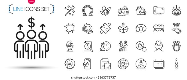 Pack of Strategy, Global insurance and Burger line icons. Include Search, Mental health, Send box pictogram icons. Computer, Magic wand, Sale signs. Dirty spot, Plants watering, Calendar. Vector