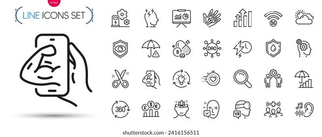 Paquete de estrés, tasa de cambio y iconos de la línea de presentación. Incluya los iconos del pictograma de detección ocular, Timer, Inflation. Personal médico, vitamina Biotin, signos de tijera. Donación de sangre, búsqueda. Vector