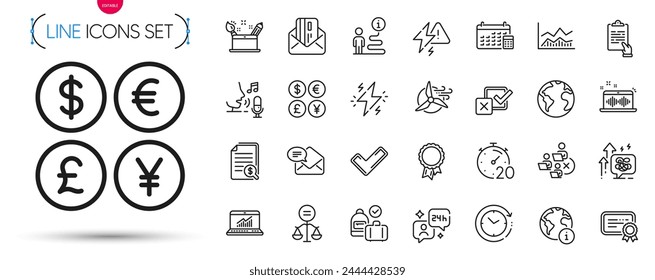 Pack of Stress grows, Creativity concept and Tick line icons. Include Internet, Calendar, Remove team pictogram icons. Certificate, Windmill turbine, Trade infochart signs. Consulting. Vector