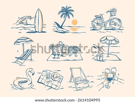 A pack of hand‑drawn summer beach icons featuring surfboard with wave, palm sunset, bicycle with flower basket, deck chair umbrella