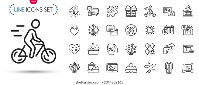 Pack of Sun protection, Photo camera and Yummy smile line icons. Include Present box, Fishing rod, Ice cream pictogram icons. Discounts calendar, Gps, Airplane mode signs. Puzzle. Vector