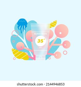 Pack of sunscreen with coral and ocean animals background glass morphism effect. Sun protection SPF 35 plus. Moisturizes and protects the skin from ultraviolet light. Flat vector illustration