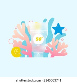 Pack of sunscreen with coral and ocean animals background glass morphism effect. Sun protection SPF 50 plus. Moisturizes and protects the skin from ultraviolet light. Flat vector illustration